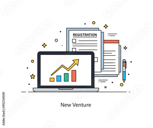 Laptop and documents startup paperwork concept with a laptop displaying a simple growth arrow and registration forms neatly arranged, expressing