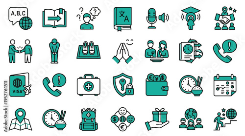 International Travel and Culture Icon Set in Linear Style. A collection of linear icons, including translation, greeting, bowing, visa, luggage, navigation, finance