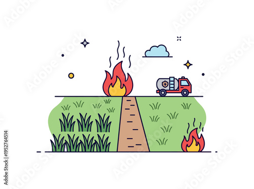Prescribed grassland burn concept featuring a simplified field with a narrow controlled fire line and a small water truck icon nearby, representing