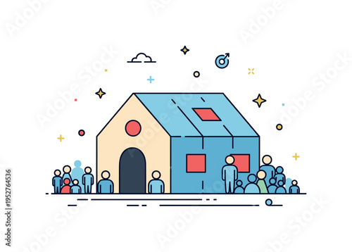 Migrant shelters concept with a simple temporary housing structure as the central element and small human silhouettes gathered nearby. The composition conveys