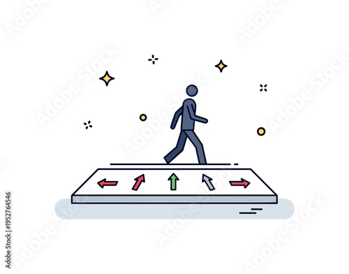Movement cue arrows on stage floor represented by a minimal platform with directional arrows and a single actor silhouette stepping forward, expressing