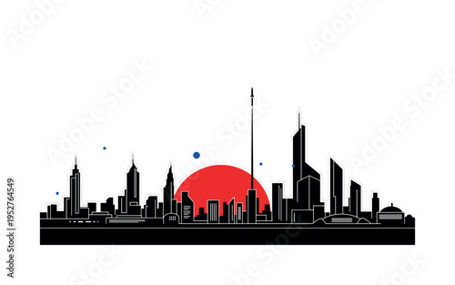 Black and white panoramic spaceport skyline made of geometric rectangles and towers, bold red semicircle low on horizon like rising planet, thin vertical