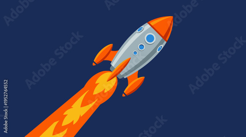 A cartoon-style rocket with orange fins and nose cone, gray body, and blue portholes, launching into a dark blue sky with a long, fiery orange exhaust trail.