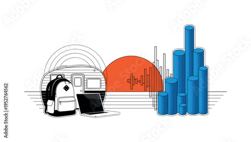 Black and white camper backpack beside open laptop facing horizon, oversized deep orange semicircle behind horizon line, cobalt blue cylindrical shapes stacked