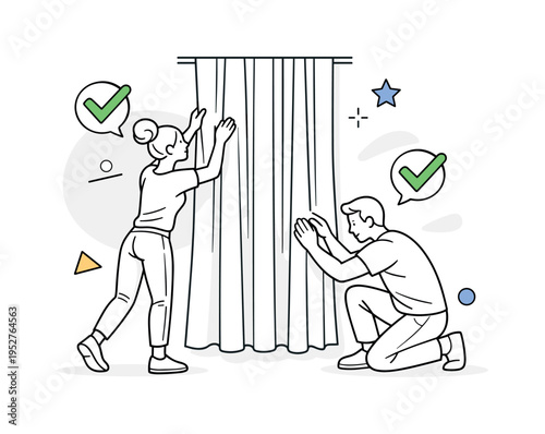 Curtain adjustment. Hands carefully straightening curtain fabric, smooth vertical lines showing alignment, small check icons nearby. Satisfying finishing touch