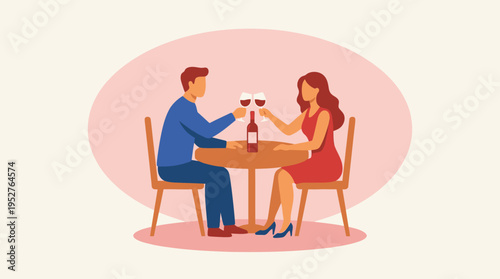 A romantic couple on a date, toasting with red wine glasses at a table with a bottle of wine.