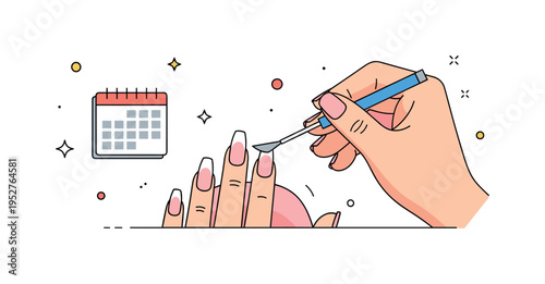 French manicure nail salon service scene focused on a manicurist hand carefully shaping a white tip while a tiny calendar icon suggests appointment booking.