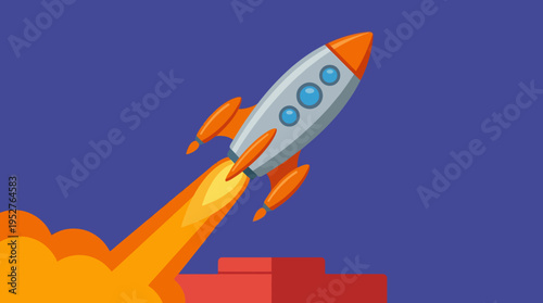 Cartoon rocket launching into a dark blue sky with a fiery orange exhaust trail from a red platform, symbolizing progress and space exploration.