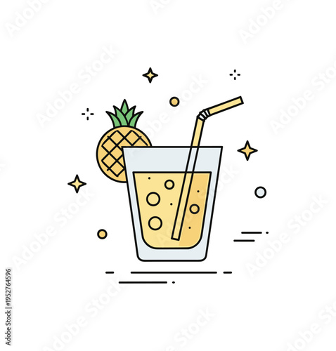 Pina colada cocktail menu badge centered around a stylized glass with straw and pineapple crown detail forming a clean hospitality icon. A modern restaurant or