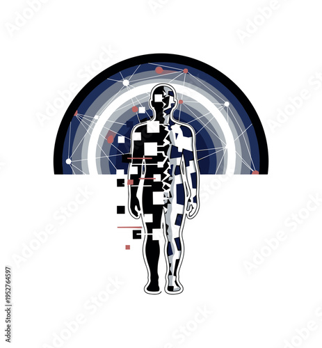 A black and white human silhouette split vertically, one side intersected by bold geometric blocks and broken lines symbolizing unequal access, large
