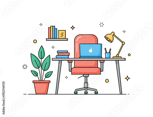Home office setup with a comfortable chair and potted plant creating a balanced scene of productivity and wellbeing. Subtle decorative sparkles and clean desk
