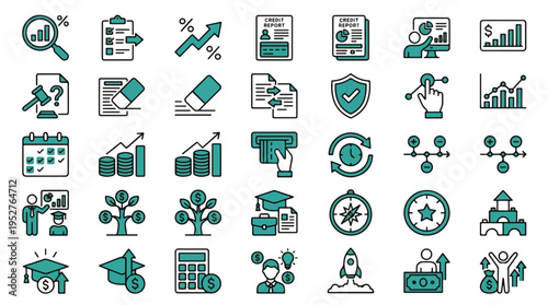 Financial and Business Planning Icon Set in Linear Style. A collection of professional finance icons, including credit report, growth, savings, banking, education, and more. Editable Stroke.