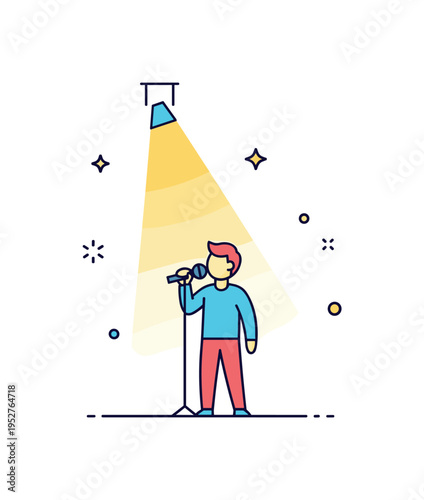 Singing performance spotlight shining on a solo vocalist holding a microphone on stage, expressing confidence, emotion and the power of live music. Minimalist