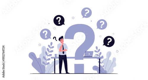 Vector flat design illustration of a puzzled young professional standing next to a large question mark with a laptop on a table surrounded by question marks and plants in a minimalist