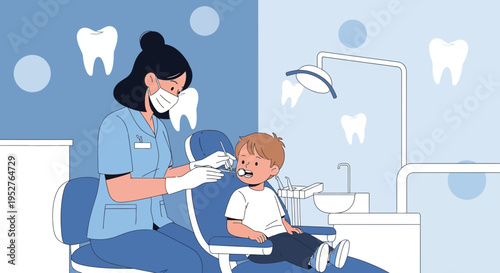 Dentist examining child's teeth in a modern dental clinic, illustration
