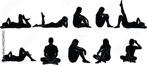 Human silhouette icons set, seated poses, reclining positions, cross‑legged, relaxed body language, anatomy illustration, psychology, physical therapy vector design