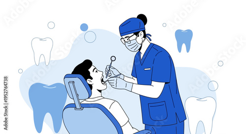 Dentist examining patient's teeth with tools in a modern dental clinic, dental care concept
