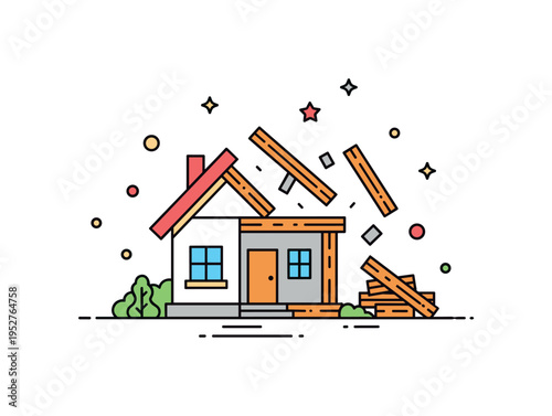 Residential house teardown concept featuring a small house icon partially dismantled with exposed beams and tidy debris shapes, reflecting property