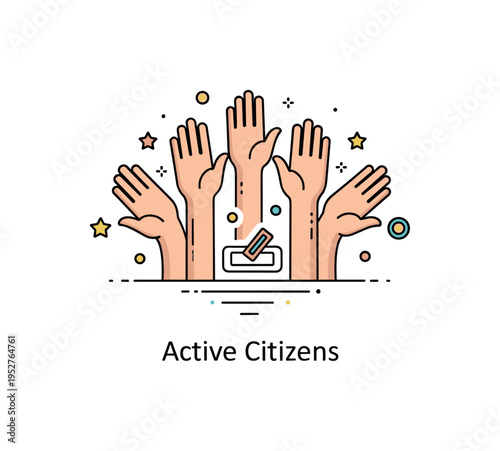 Citizen participation badge illustrated through a group of raised hands forming a semicircle around a small ballot symbol. A subtle ?Active Citizens? label