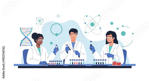 Diverse scientists in lab coats conducting research with test tubes and DNA helix