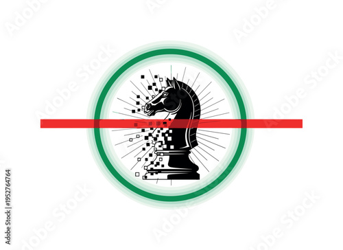 Black and white chess piece transforming into pixelated fragments, vivid emerald green circular halo anchoring composition, bright red horizontal bar cutting
