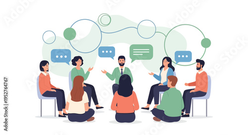 Diverse group of people in a circle discussing ideas, teamwork, and communication