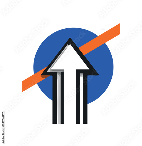 Black and white upward arrow formed from stacked rectangular shapes, large electric blue sun-like disc behind intersected by sharp orange diagonal