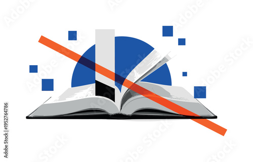Black and white bookmark placed inside open Holy Bible with pages slightly lifted, bold electric blue circular backdrop partially hidden behind book form,