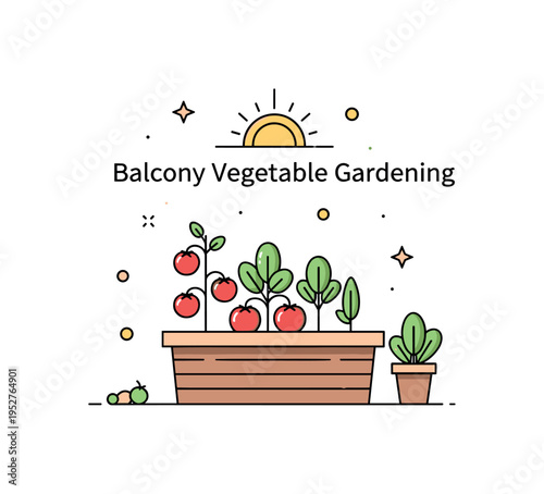 Balcony vegetable gardening illustrated by a raised planter box with tomatoes and leafy greens under a gentle sun icon, expressing urban self sufficiency and
