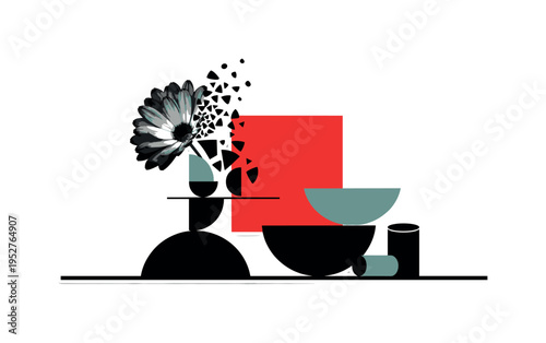 Black and white fragmented flower transforming into abstract geometric shapes on one side, bright red square intersecting midsection for bold contrast,