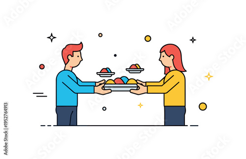 Compassionate sharing gesture featuring two figures offering each other small portions from a single plate, symbolizing empathy and human kindness during