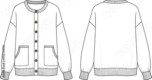 Front and back view of button cardigan sweater vector illustration, casual clothing design template with pockets, ribbed cuffs, fashion apparel