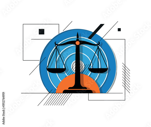 Black and white courthouse scale centered in composition, bright orange semicircle anchoring the base and blue concentric arcs expanding behind, abstract