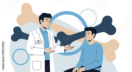 Doctor consulting patient about bone health, surrounded by stylized bone illustrations