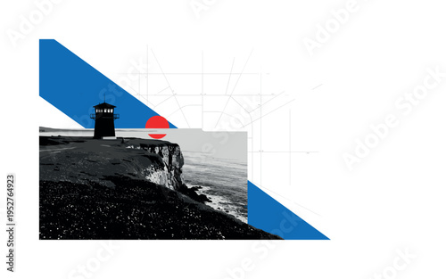 Black and white minimal coastline scene with watchtower positioned on edge, red circle placed at horizon intersection, intersecting blue diagonal stripe