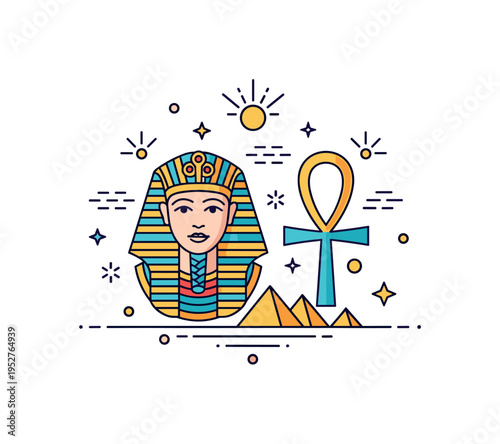 Ancient Egyptian culture depicted with a pharaoh head silhouette and a stylized ankh symbol, expressing spirituality and royal power. Small sun rays and