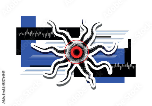 Black and white microscopic organism with tentacle-like extensions reaching outward, bright red circular accent highlighting central core, abstract geometric