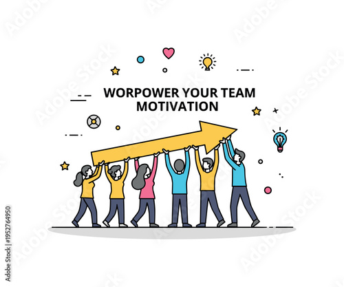 Empower your team workplace motivation concept shown as a group of figures lifting a shared upward arrow together, expressing collective effort and