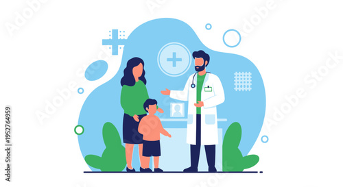 Doctor consulting with mother and child, healthcare, medical check-up, family doctor, illustration