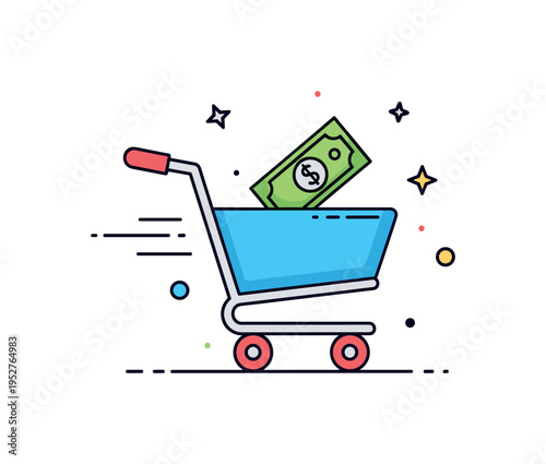Empty grocery cart idea showing a clean trolley silhouette with subtle motion lines, symbolizing readiness to shop or budgeting awareness. The composition