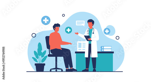 Doctor consults patient in clinic, medical consultation, healthcare concept