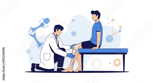 Doctor examines patient's knee joint, medical illustration of orthopedics and physical therapy
