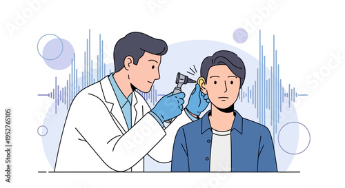 Doctor examining patient's ear with otoscope, sound waves background, hearing test concept