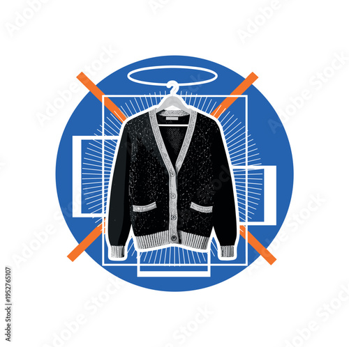 Black and white vintage cardigan hanging neatly with textured knit details, bold blue circular halo framing the garment and orange diagonal accent crossing