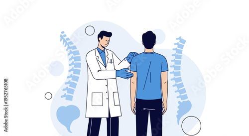Doctor examining patient's back, spine health, chiropractic care, medical consultation
