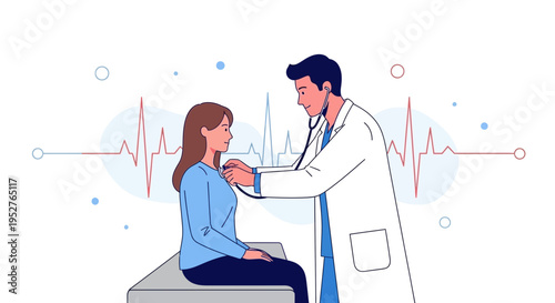 Doctor examining patient with stethoscope, heartbeat line background, medical check-up concept