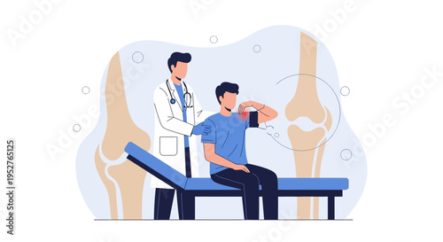 Doctor examining patient's shoulder joint with X-ray image, orthopedic consultation