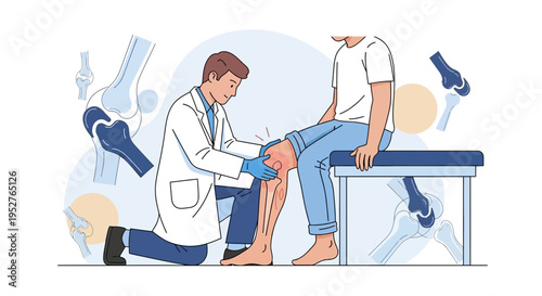 Doctor examining patient's knee joint, medical illustration of knee anatomy
