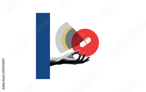 Minimalist collage of black-and-white industrial warehouse silhouette, white outline effect, overlapping blue and red geometric shapes framing the structure,