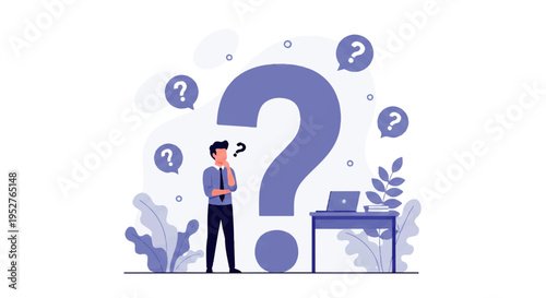 Vector flat design illustration of a man standing thoughtfully amidst question marks and plants next to a desk with a laptop in a minimalist setting.